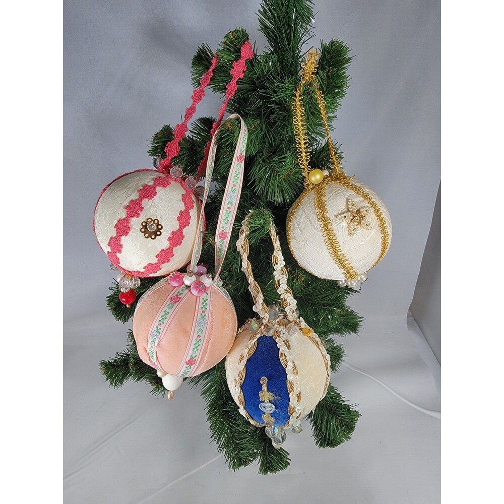 Vintage Beaded Jeweled Ornate Ornament Lot Of 4 Push Pin White Pink Blue Gold